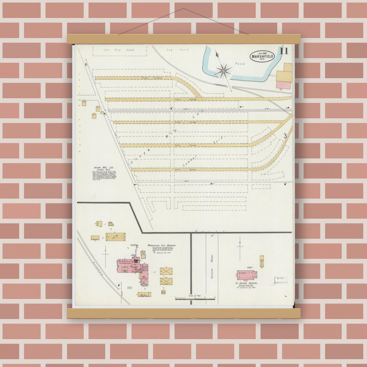 Old map wall art mockup — magnetic wood frame on brick wall — Sanborn Fire Insurance Map from Marshfield, Wood County, Wisconsin (1898), Sheet #0011