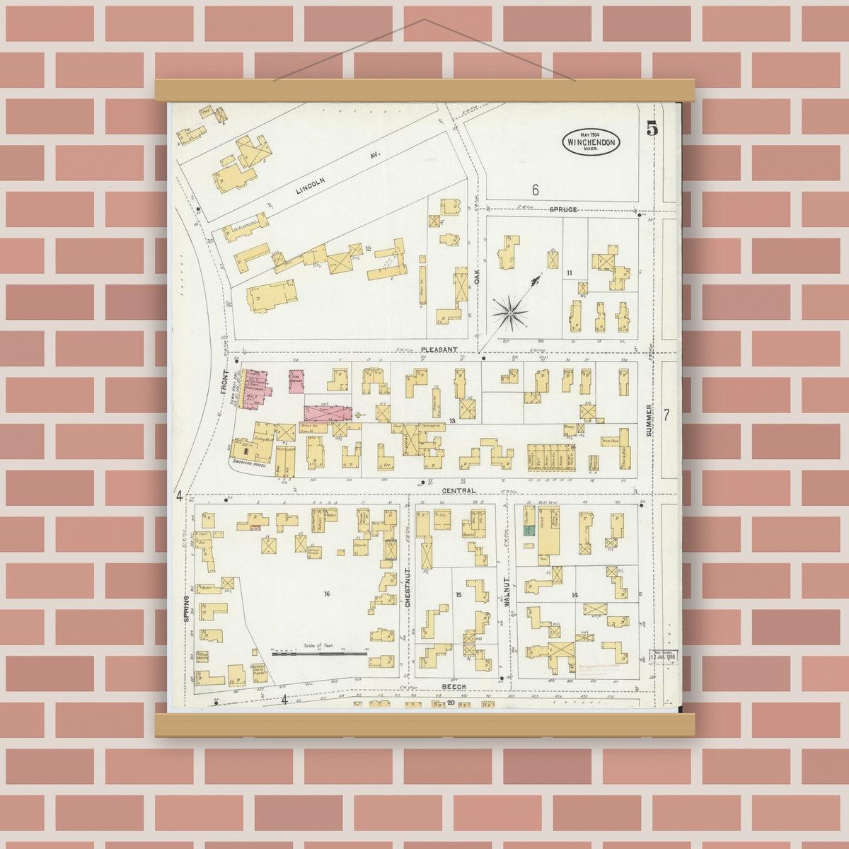 Old map wall art mockup — magnetic wood frame on brick wall — Sanborn Fire Insurance Map from Winchendon, Worcester County, Massachusetts (1904), Sheet #0005