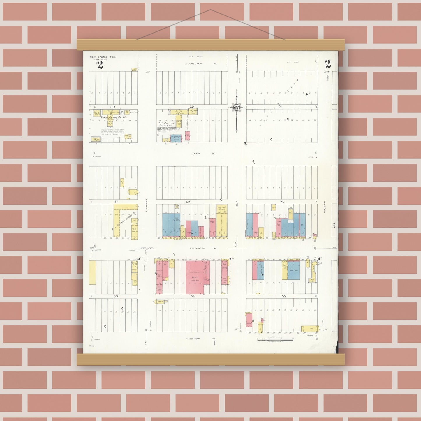 Old map wall art mockup — magnetic wood frame on brick wall — Sanborn Fire Insurance Map from Newcastle, Young County, Texas (1933), Sheet #0002