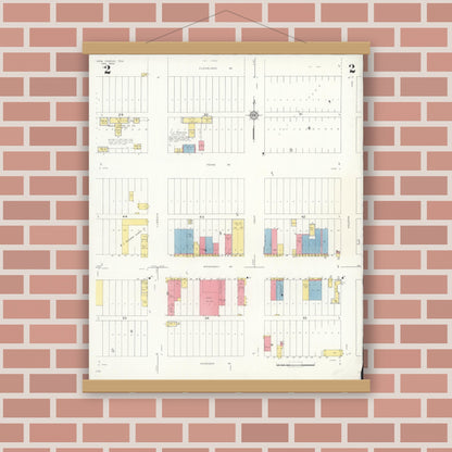 Old map wall art mockup — magnetic wood frame on brick wall — Sanborn Fire Insurance Map from Newcastle, Young County, Texas (1933), Sheet #0002