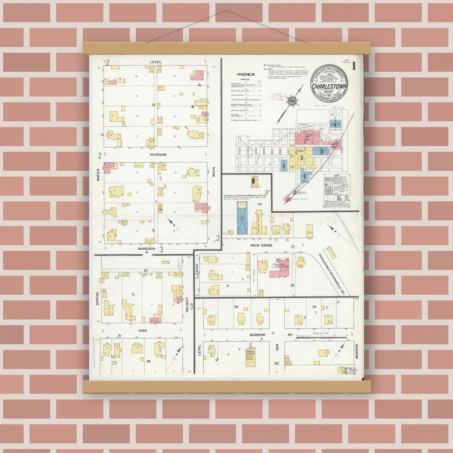Old map wall art mockup — magnetic wood frame on brick wall — Sanborn Fire Insurance Map from Charlestown, Clark County, Indiana (1911) - Complete Map Set