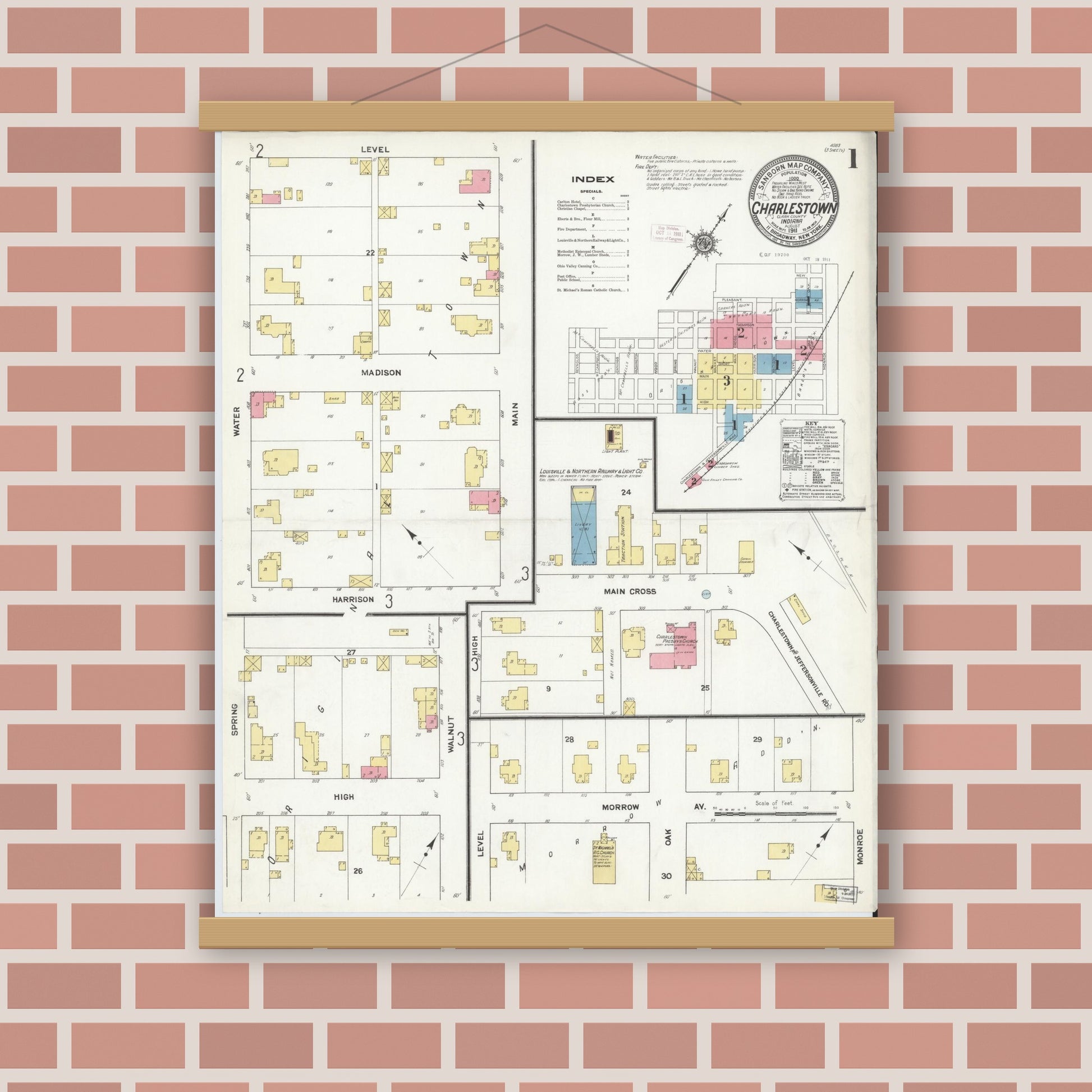 Old map wall art mockup — magnetic wood frame on brick wall — Sanborn Fire Insurance Map from Charlestown, Clark County, Indiana (1911) - Complete Map Set
