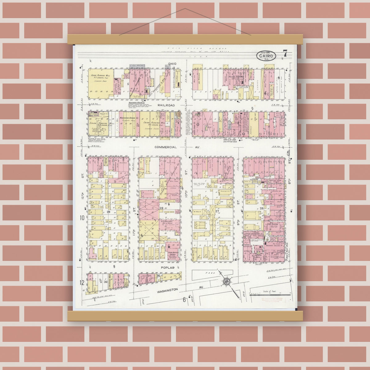 Old map wall art mockup — magnetic wood frame on brick wall — Sanborn Fire Insurance Map from Cairo, Alexander County, Illinois (1914), Sheet #0007