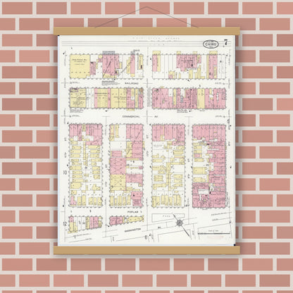 Old map wall art mockup — magnetic wood frame on brick wall — Sanborn Fire Insurance Map from Cairo, Alexander County, Illinois (1914), Sheet #0007