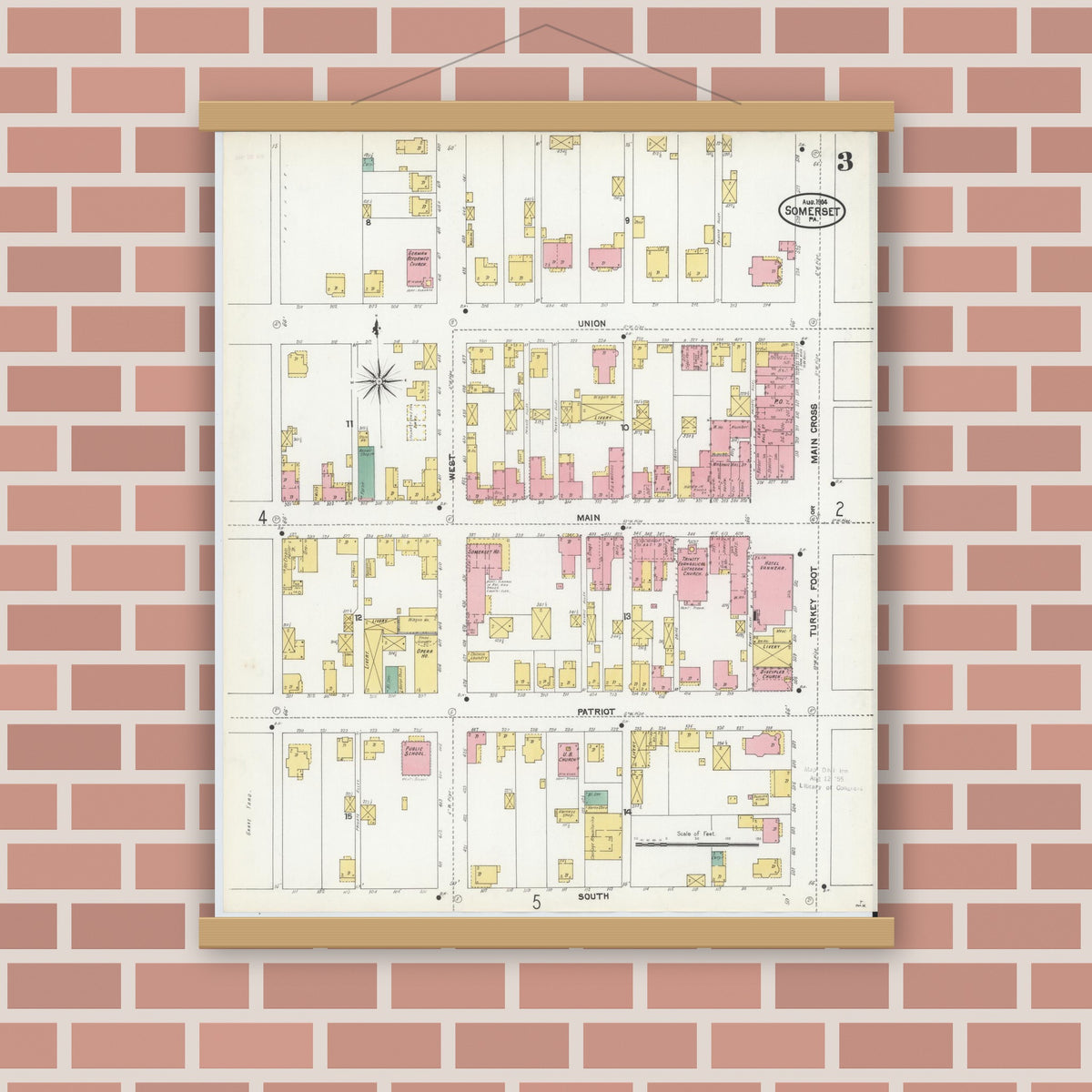 Old map wall art mockup — magnetic wood frame on brick wall — Sanborn Fire Insurance Map from Somerset, Somerset County, Pennsylvania (1904), Sheet #0003
