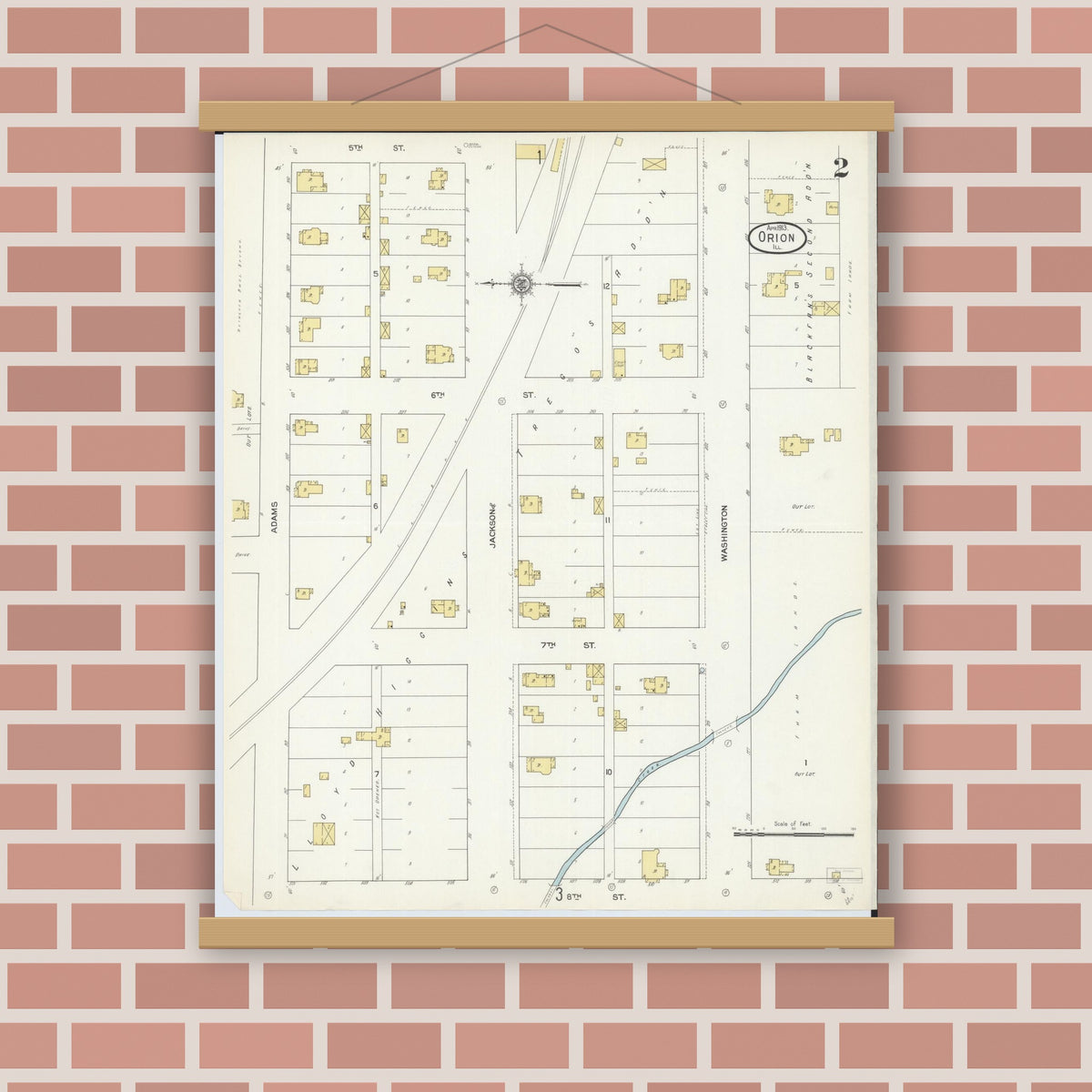 Old map wall art mockup — magnetic wood frame on brick wall — Sanborn Fire Insurance Map from Orion, Henry County, Illinois (1913), Sheet #0002