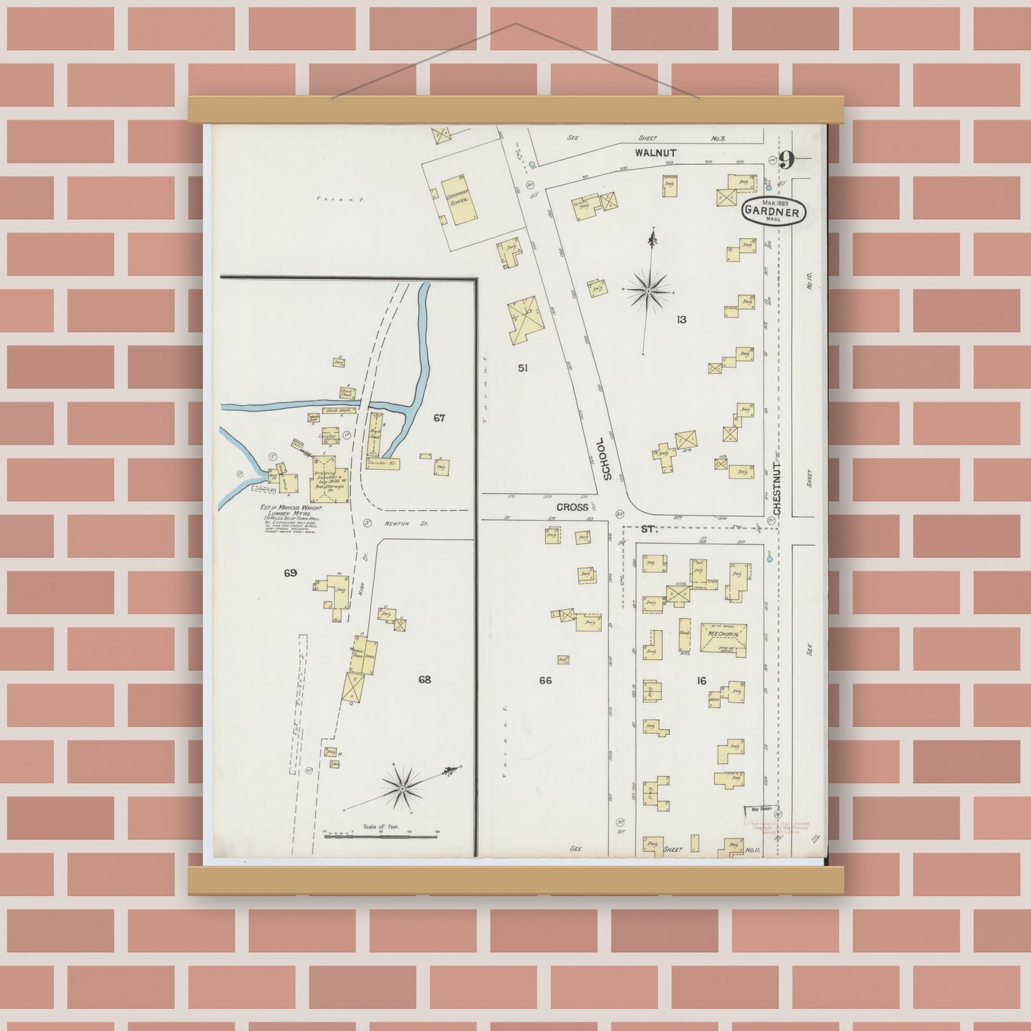 Old map wall art mockup — magnetic wood frame on brick wall — Sanborn Fire Insurance Map from Gardner, Worcester County, Massachusetts (1889), Sheet #0009
