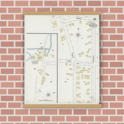 Old map wall art mockup — magnetic wood frame on brick wall — Sanborn Fire Insurance Map from Gardner, Worcester County, Massachusetts (1889), Sheet #0009