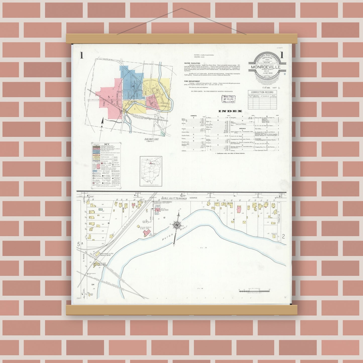 Old map wall art mockup — magnetic wood frame on brick wall — Sanborn Fire Insurance Map from Monroeville, Huron County, Ohio (1939) - Complete Map Set