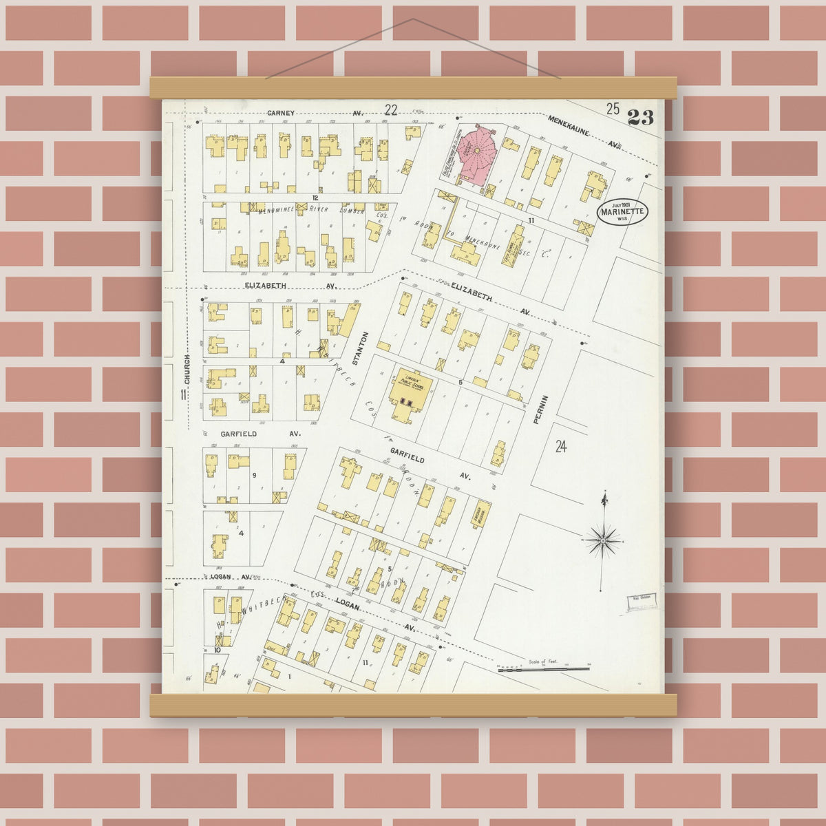 Old map wall art mockup — magnetic wood frame on brick wall — Sanborn Fire Insurance Map from Marinette, Marinette County, Wisconsin (1901), Sheet #0023