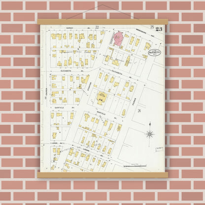 Old map wall art mockup — magnetic wood frame on brick wall — Sanborn Fire Insurance Map from Marinette, Marinette County, Wisconsin (1901), Sheet #0023