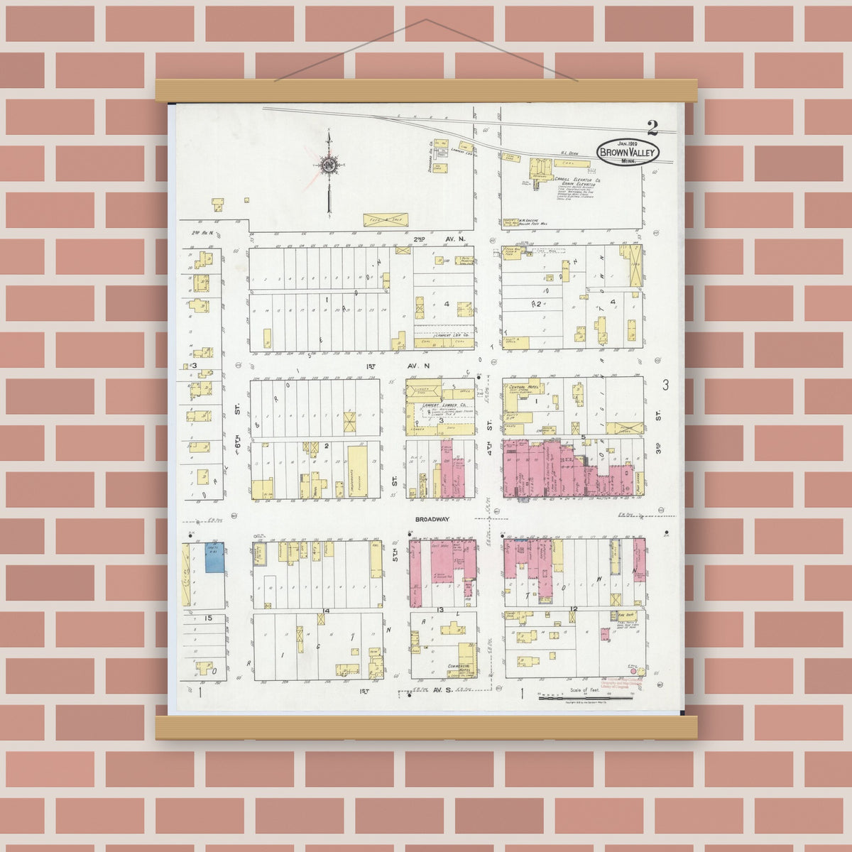 Old map wall art mockup — magnetic wood frame on brick wall — Sanborn Fire Insurance Map from Browns Valley, Traverse County, Minnesota (1919), Sheet #0002
