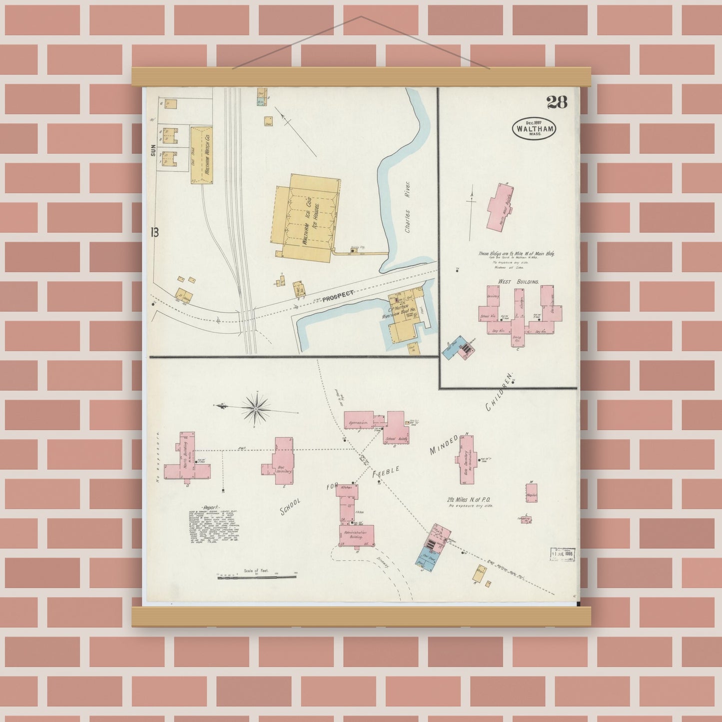 Old map wall art mockup — magnetic wood frame on brick wall — Sanborn Fire Insurance Map from Waltham, Middlesex County, Massachusetts (1897), Sheet #0028