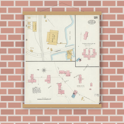 Old map wall art mockup — magnetic wood frame on brick wall — Sanborn Fire Insurance Map from Waltham, Middlesex County, Massachusetts (1897), Sheet #0028