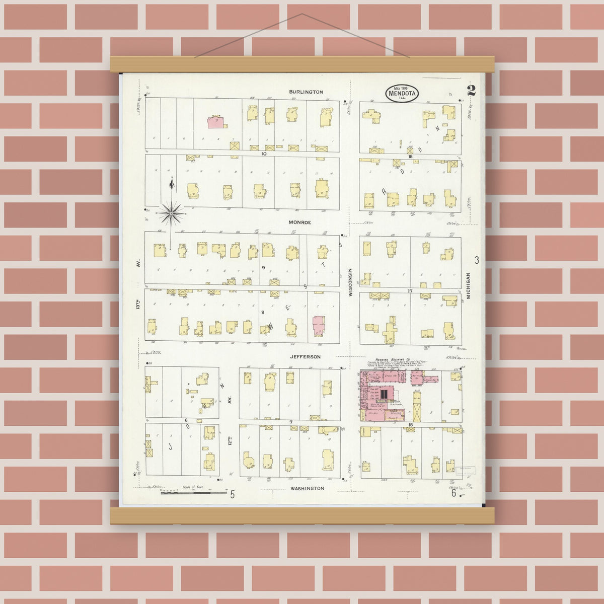 Old map wall art mockup — magnetic wood frame on brick wall — Sanborn Fire Insurance Map from Mendota, La Salle County, Illinois (1909), Sheet #0002