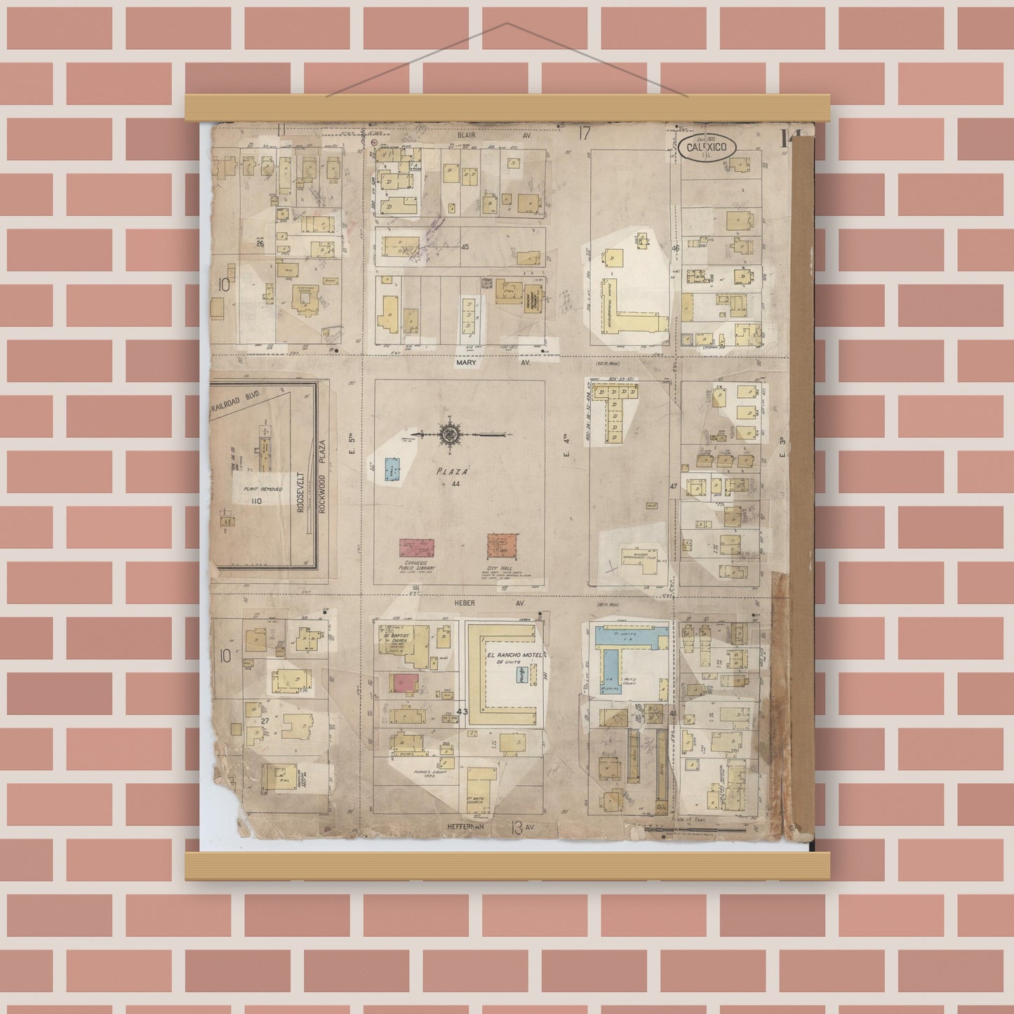 Old map wall art mockup — magnetic wood frame on brick wall — Sanborn Fire Insurance Map from Calexico, Imperial County, California (1956), Sheet #0014
