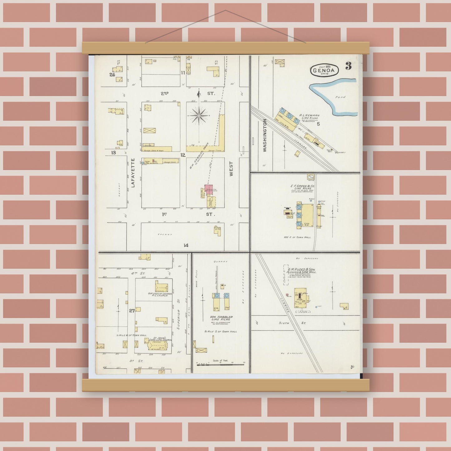 Old map wall art mockup — magnetic wood frame on brick wall — Sanborn Fire Insurance Map from Genoa, Ottawa County, Ohio (1893), Sheet #0003