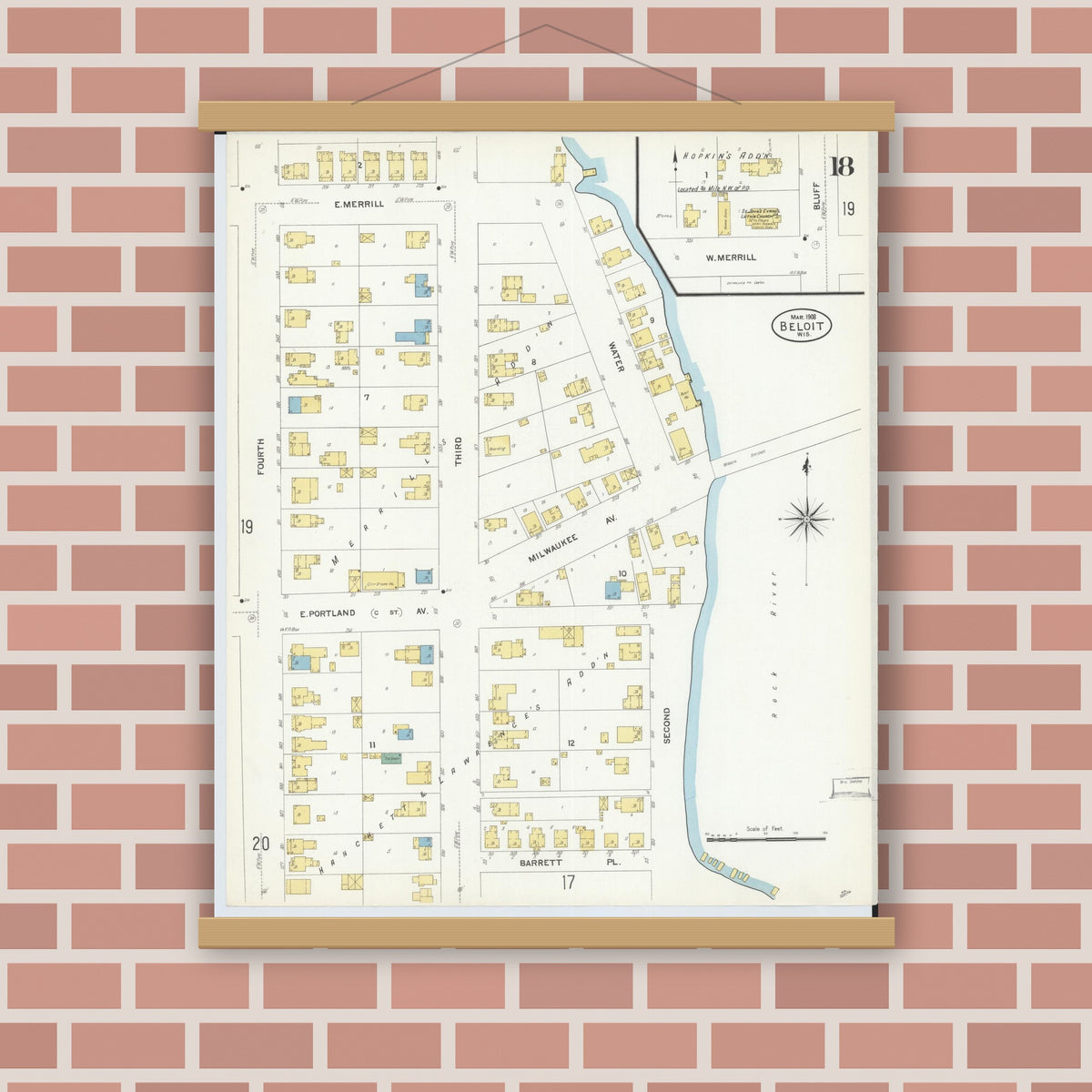 Old map wall art mockup — magnetic wood frame on brick wall — Sanborn Fire Insurance Map from Beloit, Rock County, Wisconsin (1908), Sheet #0018
