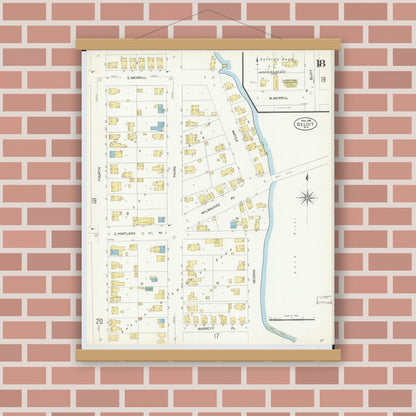 Old map wall art mockup — magnetic wood frame on brick wall — Sanborn Fire Insurance Map from Beloit, Rock County, Wisconsin (1908), Sheet #0018
