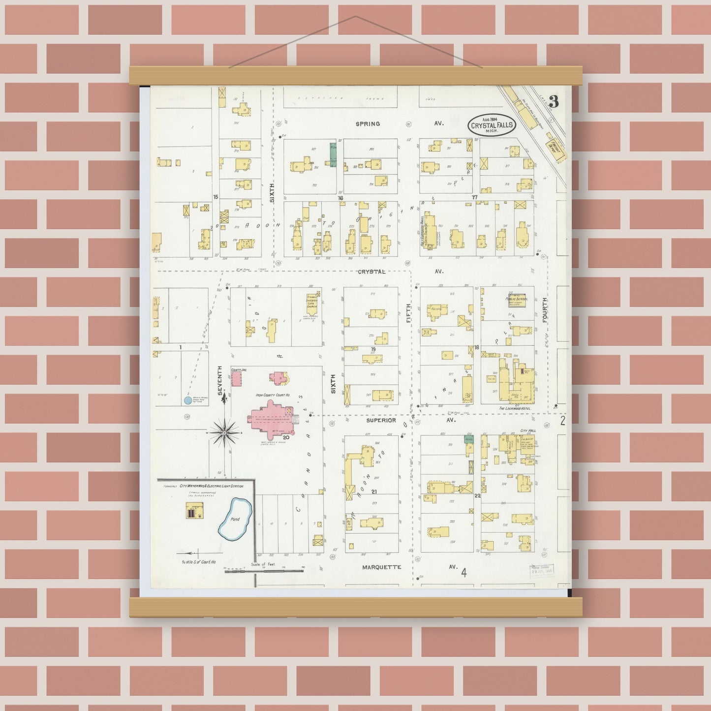Old map wall art mockup — magnetic wood frame on brick wall — Sanborn Fire Insurance Map from Crystal Falls, Iron County, Michigan (1904), Sheet #0003
