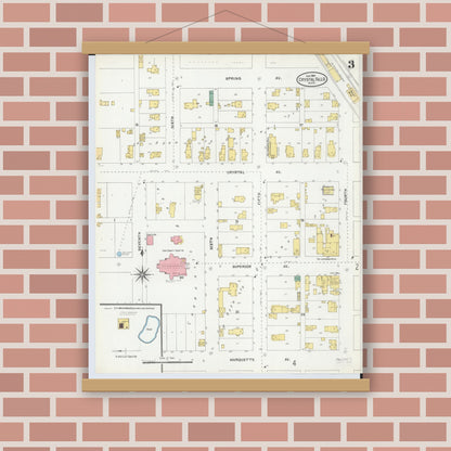 Old map wall art mockup — magnetic wood frame on brick wall — Sanborn Fire Insurance Map from Crystal Falls, Iron County, Michigan (1904), Sheet #0003