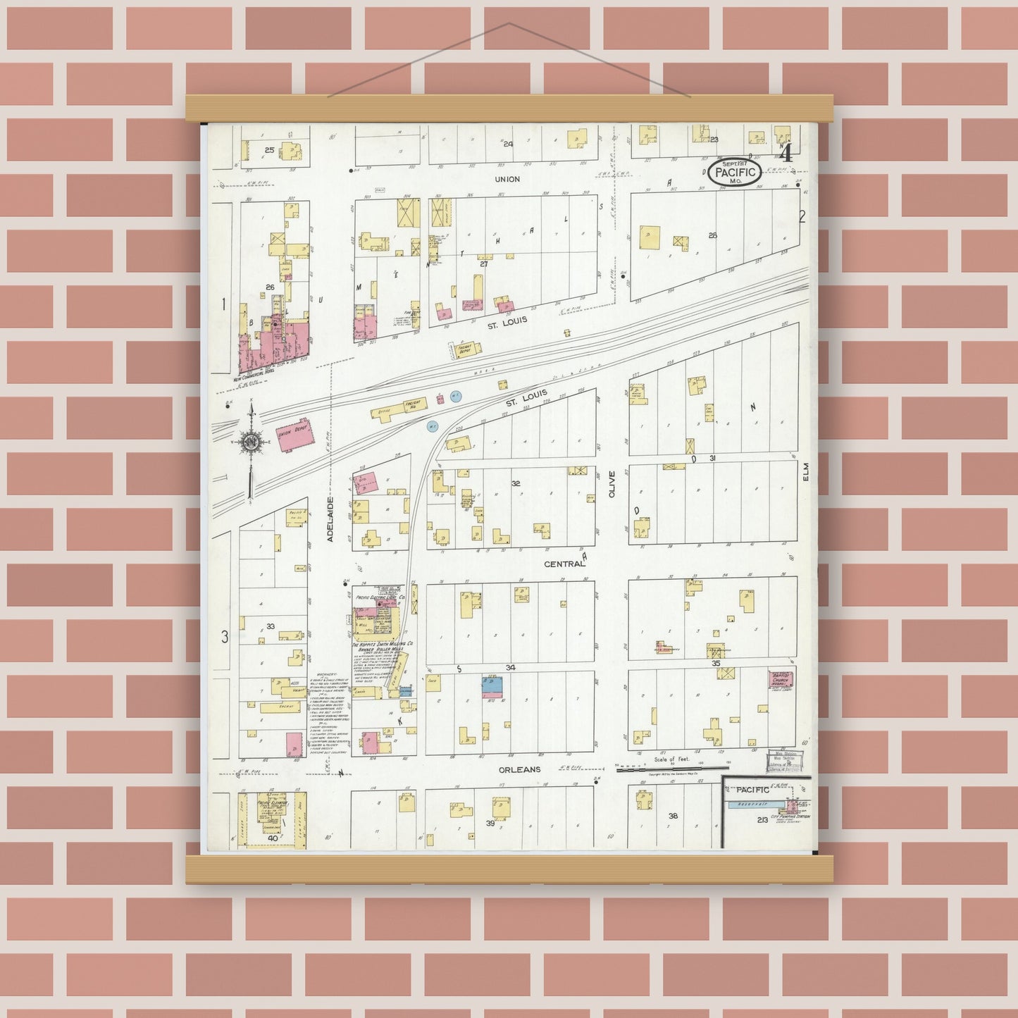 Old map wall art mockup — magnetic wood frame on brick wall — Sanborn Fire Insurance Map from Pacific, Franklin County, Missouri (1917), Sheet #0004