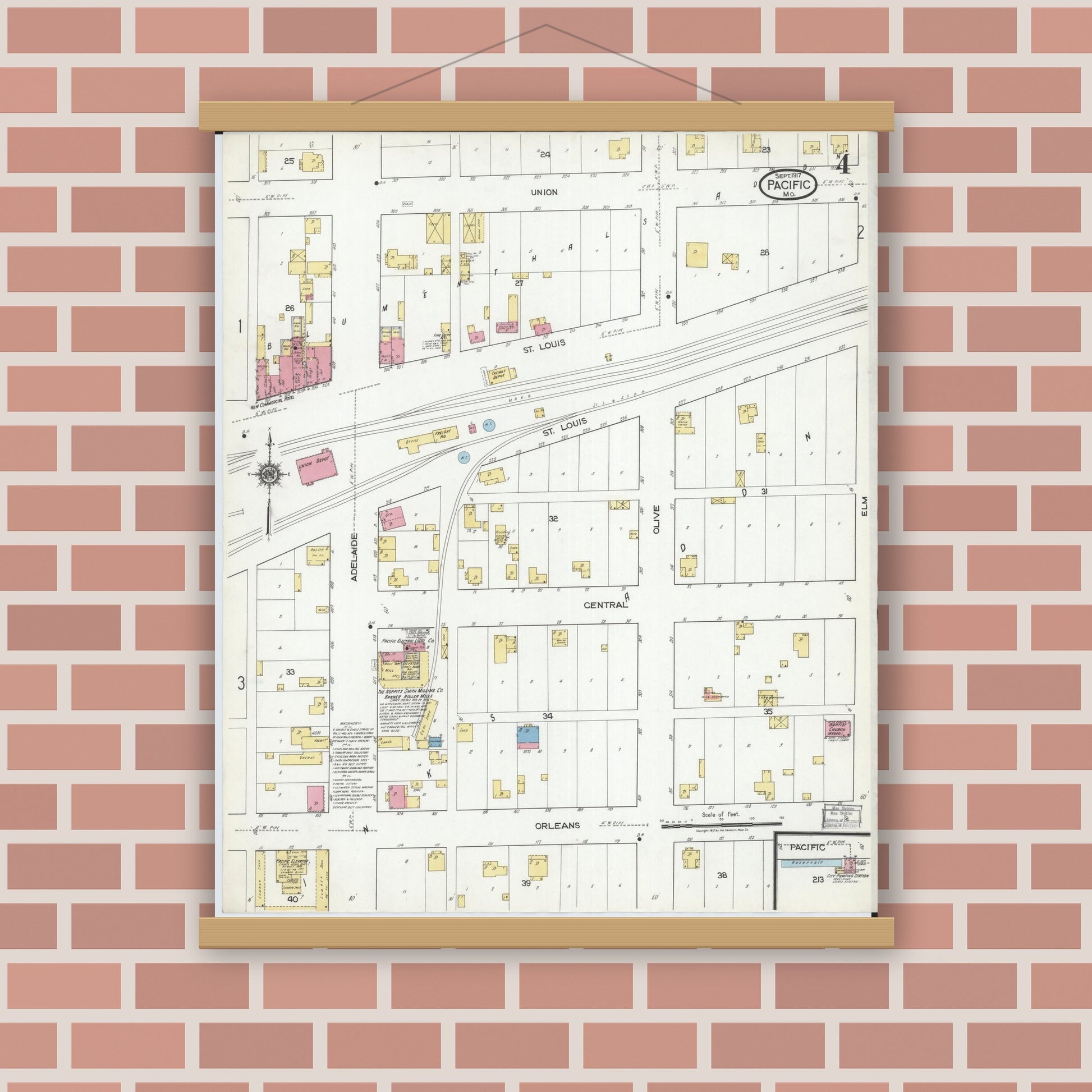 Old map wall art mockup — magnetic wood frame on brick wall — Sanborn Fire Insurance Map from Pacific, Franklin County, Missouri (1917), Sheet #0004