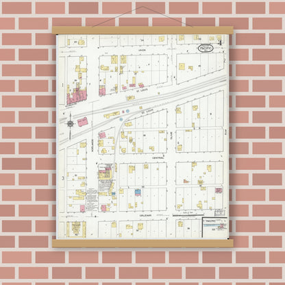 Old map wall art mockup — magnetic wood frame on brick wall — Sanborn Fire Insurance Map from Pacific, Franklin County, Missouri (1917), Sheet #0004