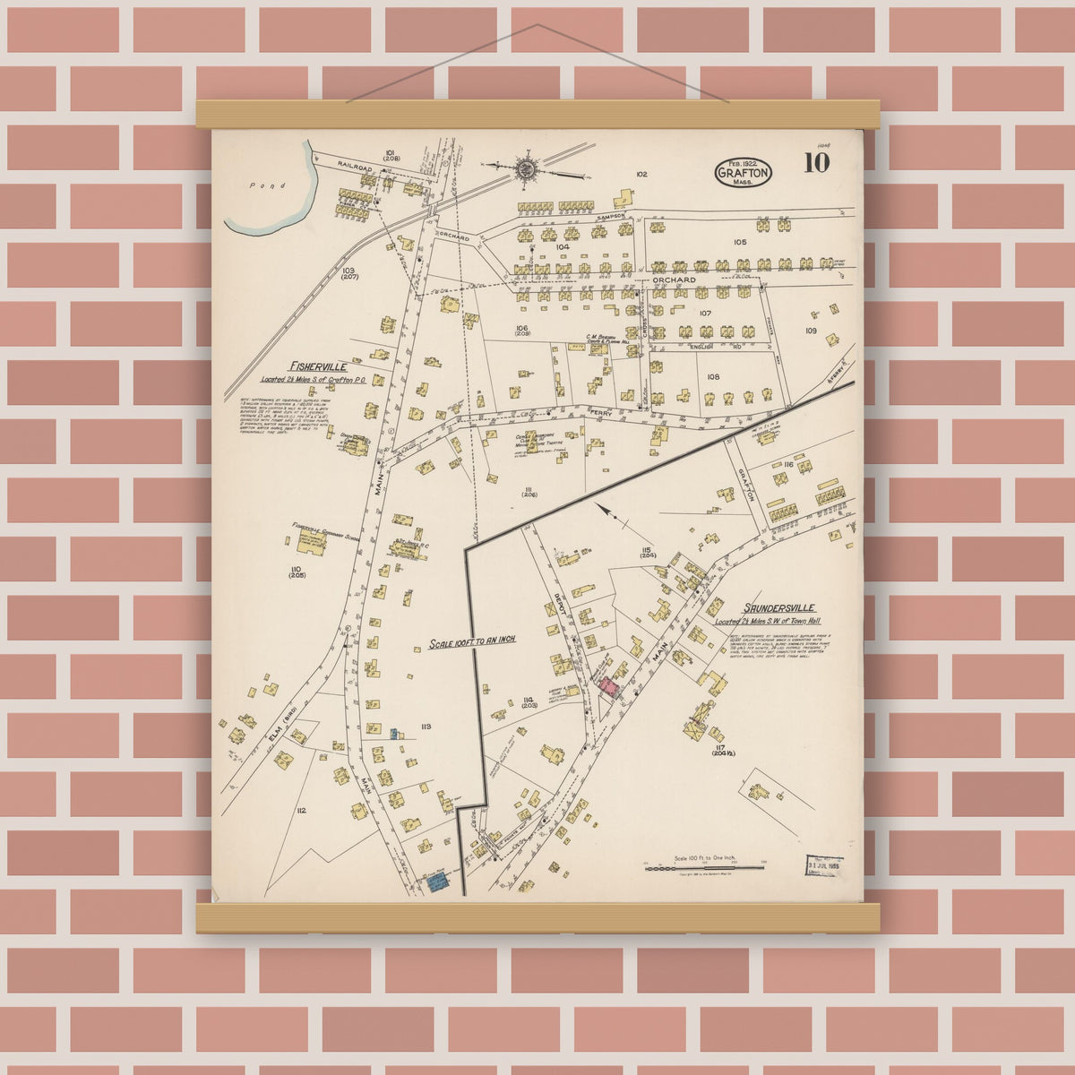 Old map wall art mockup — magnetic wood frame on brick wall — Sanborn Fire Insurance Map from Grafton, Worcester County, Massachusetts (1922), Sheet #0010