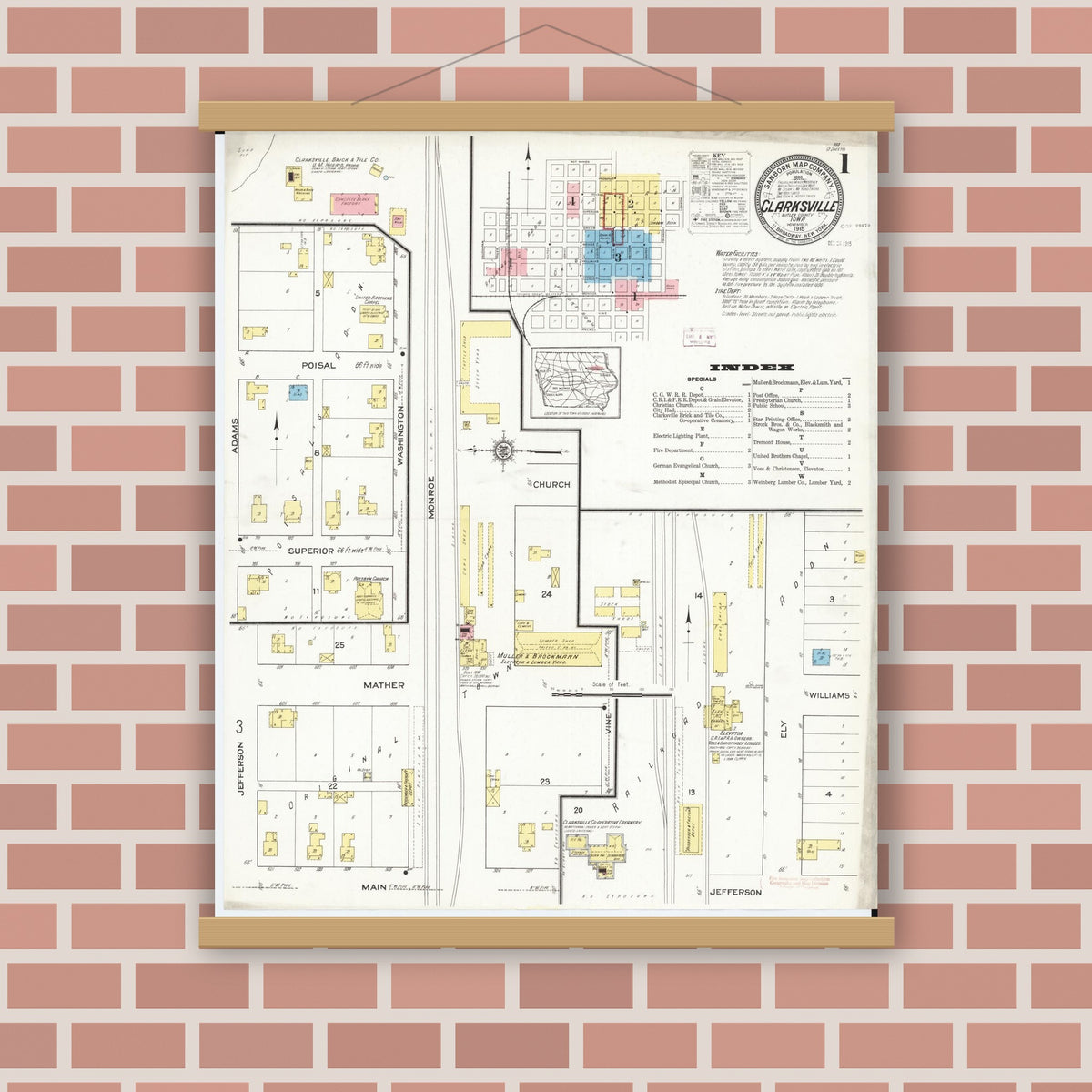 Old map wall art mockup — magnetic wood frame on brick wall — Sanborn Fire Insurance Map from Clarksville, Butler County, Iowa (1915), Sheet #0001