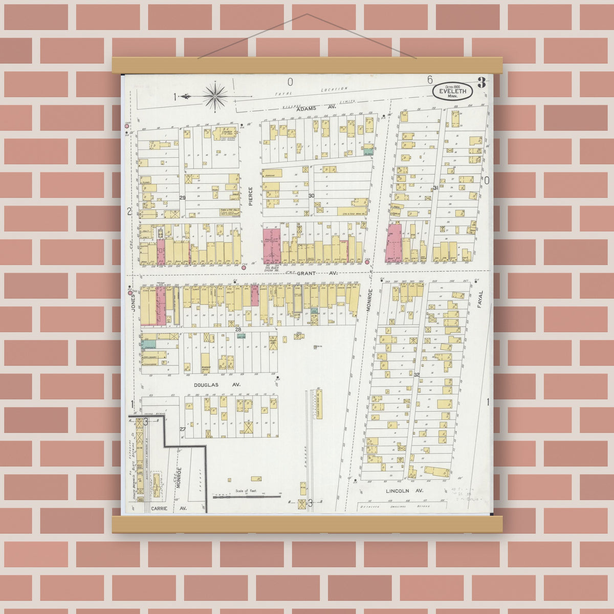 Old map wall art mockup — magnetic wood frame on brick wall — Sanborn Fire Insurance Map from Eveleth, Saint Louis County, Minnesota (1900), Sheet #0003