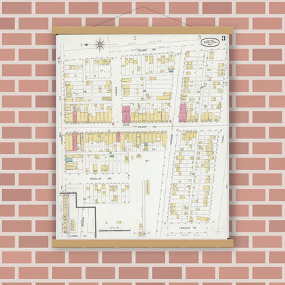 Old map wall art mockup — magnetic wood frame on brick wall — Sanborn Fire Insurance Map from Eveleth, Saint Louis County, Minnesota (1900), Sheet #0003