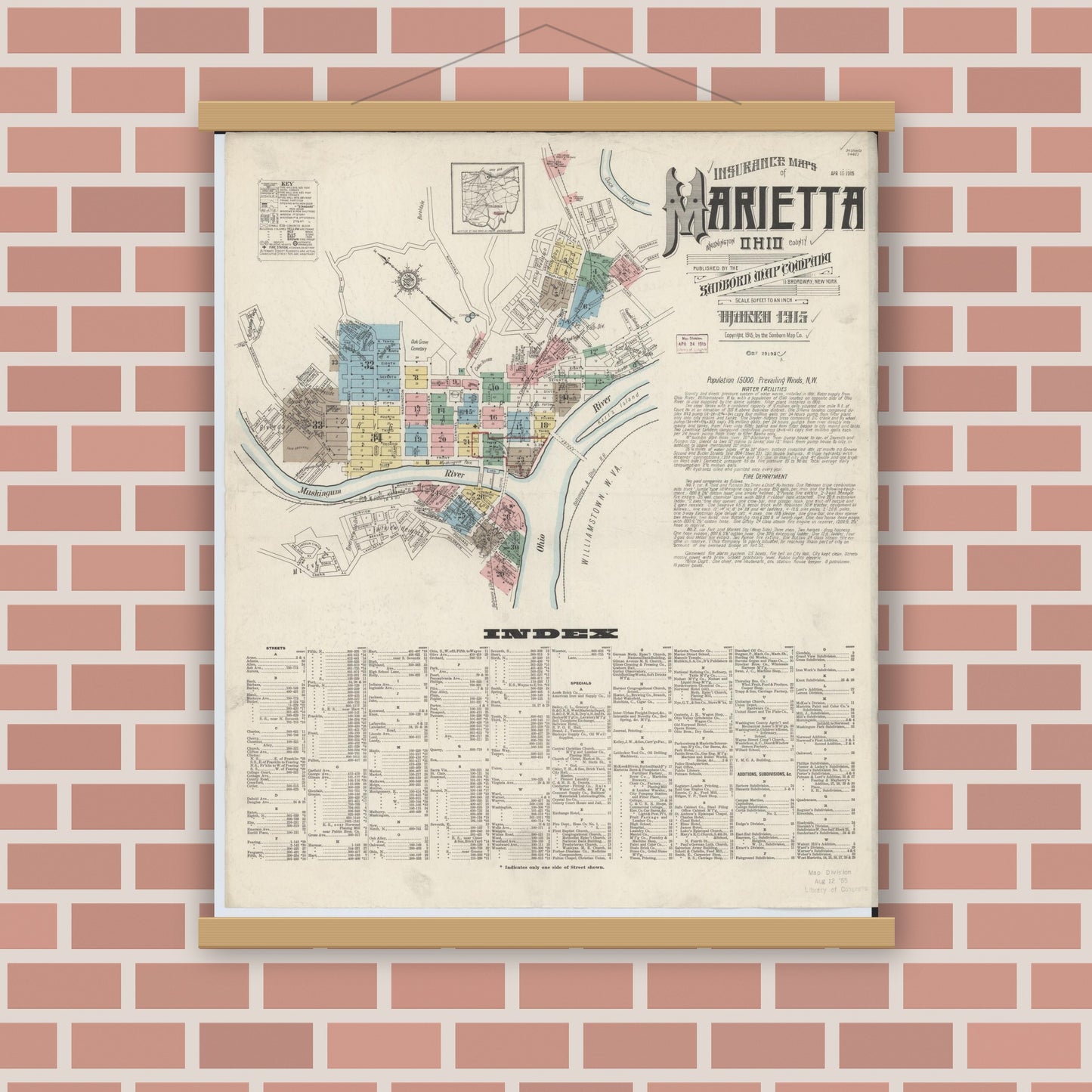 Old map wall art mockup — magnetic wood frame on brick wall — Sanborn Fire Insurance Map from Marietta, Washington County, Ohio (1915), Sheet #0001