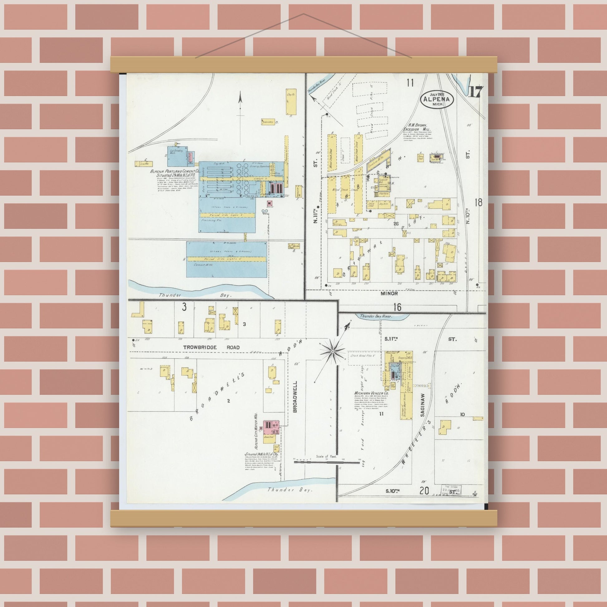 Old map wall art mockup — magnetic wood frame on brick wall — Sanborn Fire Insurance Map from Alpena, Alpena County, Michigan (1901), Sheet #0017