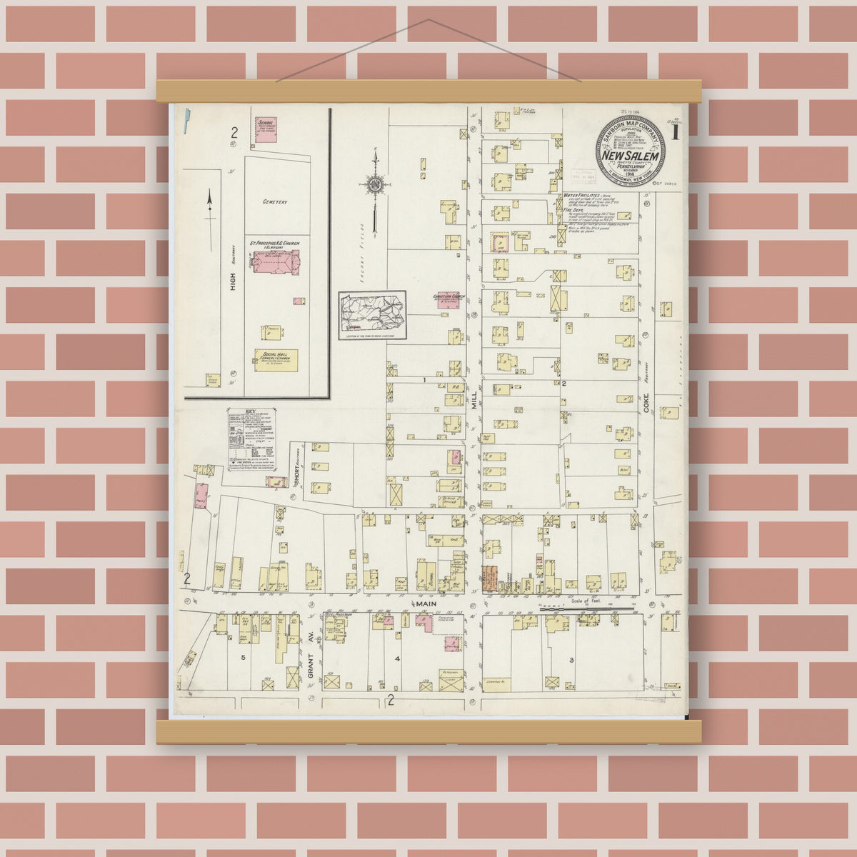 Old map wall art mockup — magnetic wood frame on brick wall — Sanborn Fire Insurance Map from New Salem, Fayette County, Pennsylvania (1914) - Complete Map Set