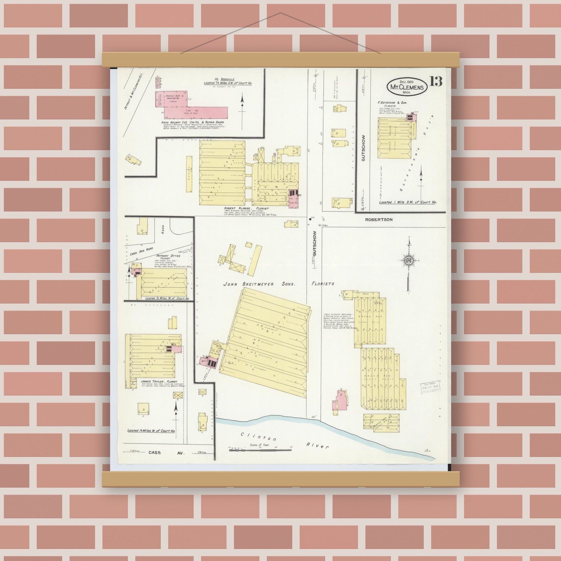 Old map wall art mockup — magnetic wood frame on brick wall — Sanborn Fire Insurance Map from Mount Clemens, Macomb County, Michigan (1909), Sheet #0013