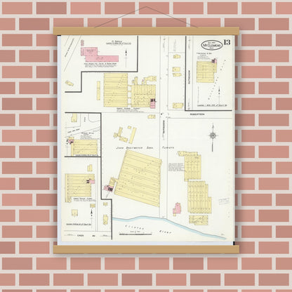 Old map wall art mockup — magnetic wood frame on brick wall — Sanborn Fire Insurance Map from Mount Clemens, Macomb County, Michigan (1909), Sheet #0013