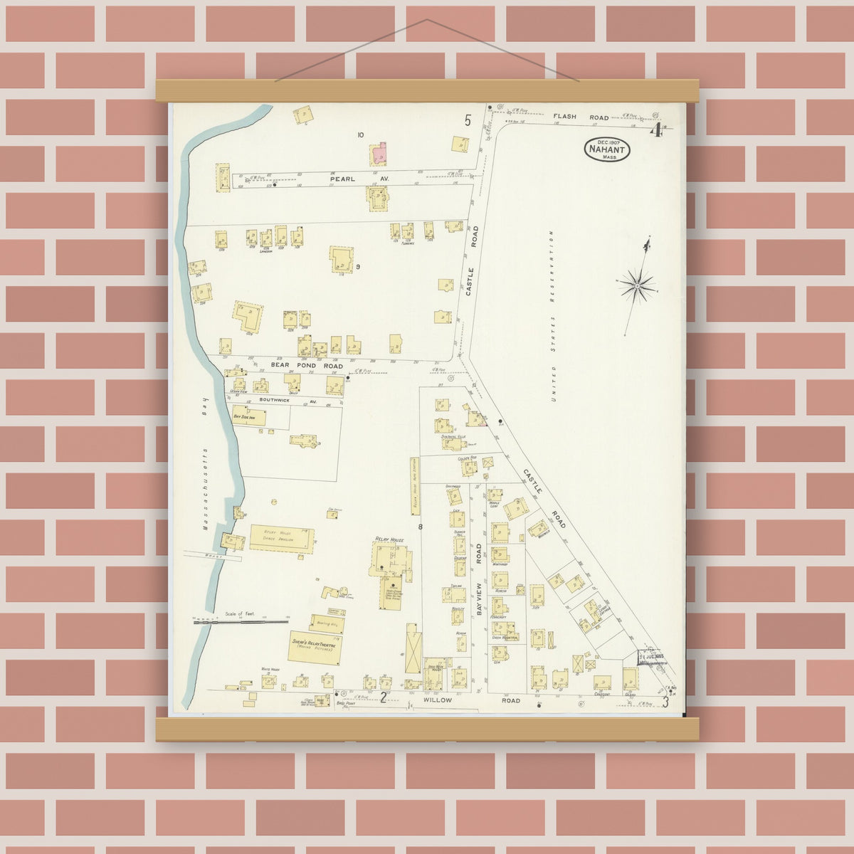 Old map wall art mockup — magnetic wood frame on brick wall — Sanborn Fire Insurance Map from Nahant, Essex County, Massachusetts (1907), Sheet #0004