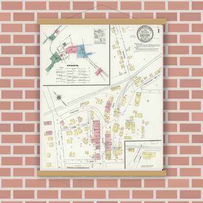 Old map wall art mockup — magnetic wood frame on brick wall — Sanborn Fire Insurance Map from Chester, Orange County, New York (1910), Sheet #0001