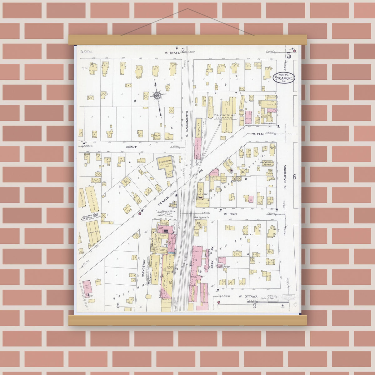 Old map wall art mockup — magnetic wood frame on brick wall — Sanborn Fire Insurance Map from Sycamore, De Kalb County, Illinois (1912), Sheet #0005