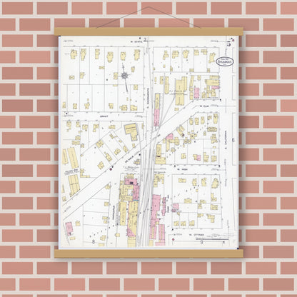 Old map wall art mockup — magnetic wood frame on brick wall — Sanborn Fire Insurance Map from Sycamore, De Kalb County, Illinois (1912), Sheet #0005