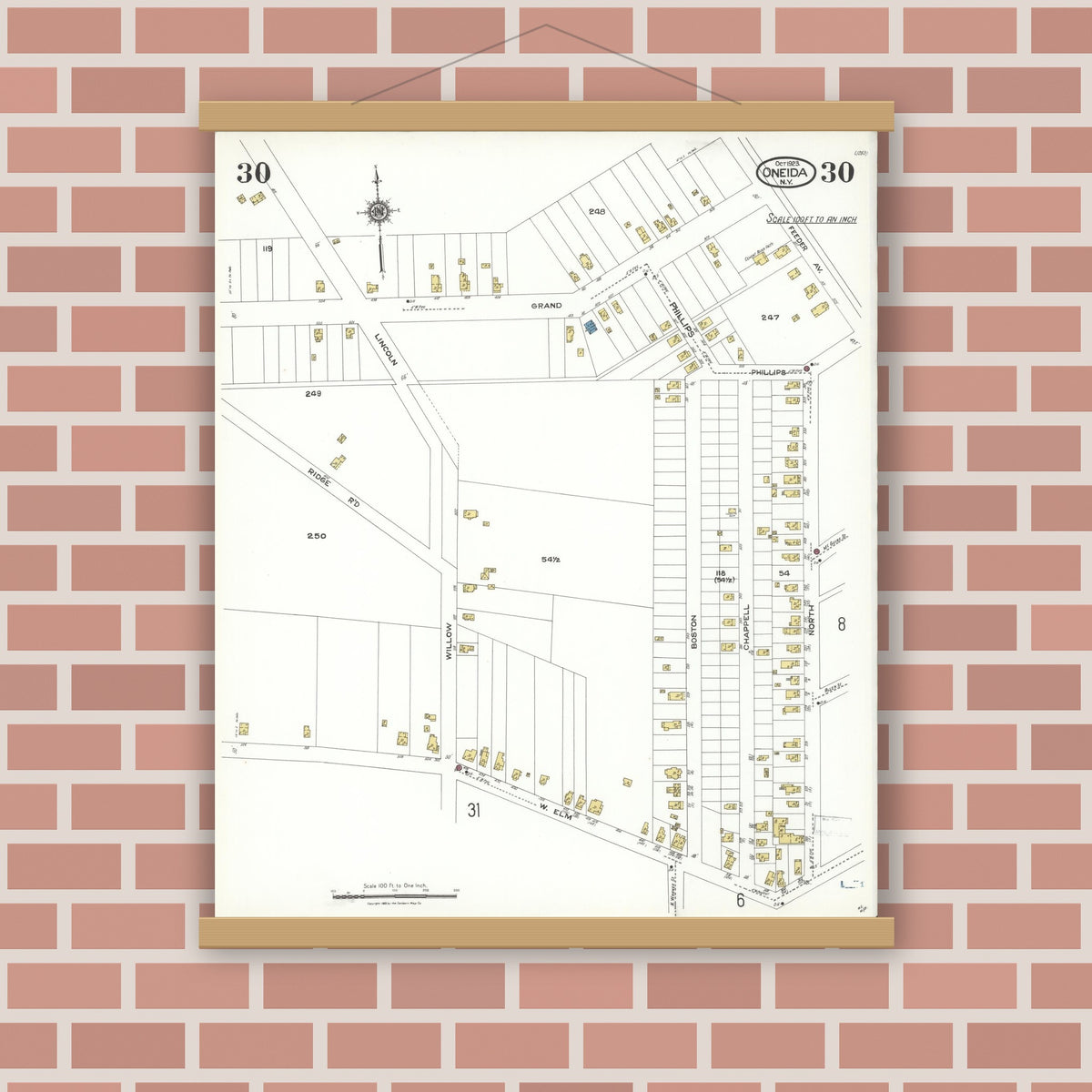 Old map wall art mockup — magnetic wood frame on brick wall — Sanborn Fire Insurance Map from Oneida, Madison County, New York (1923), Sheet #0030