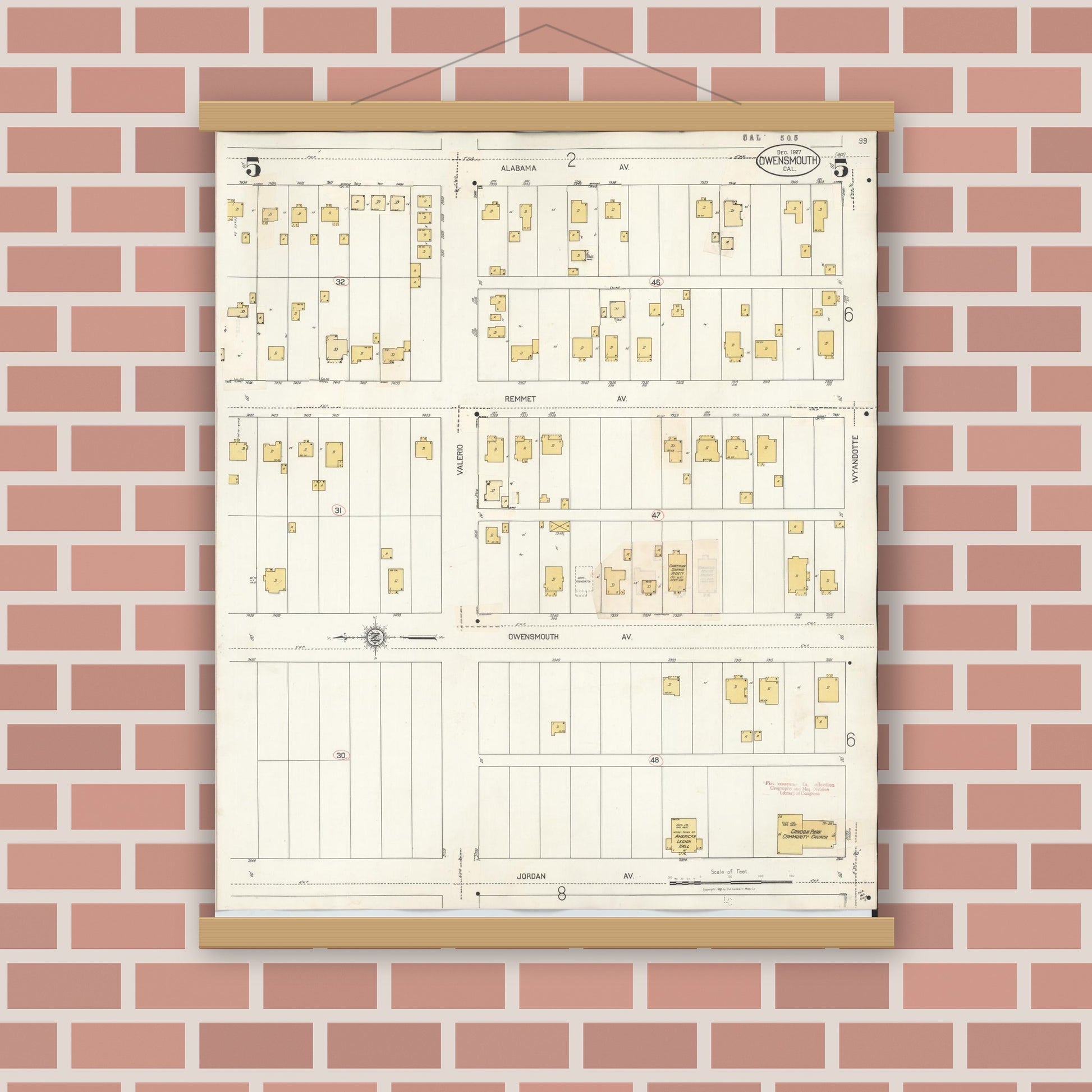 Old map wall art mockup — magnetic wood frame on brick wall — Sanborn Fire Insurance Map from Canoga Park, Los Angeles County, California (1932), Sheet #0005
