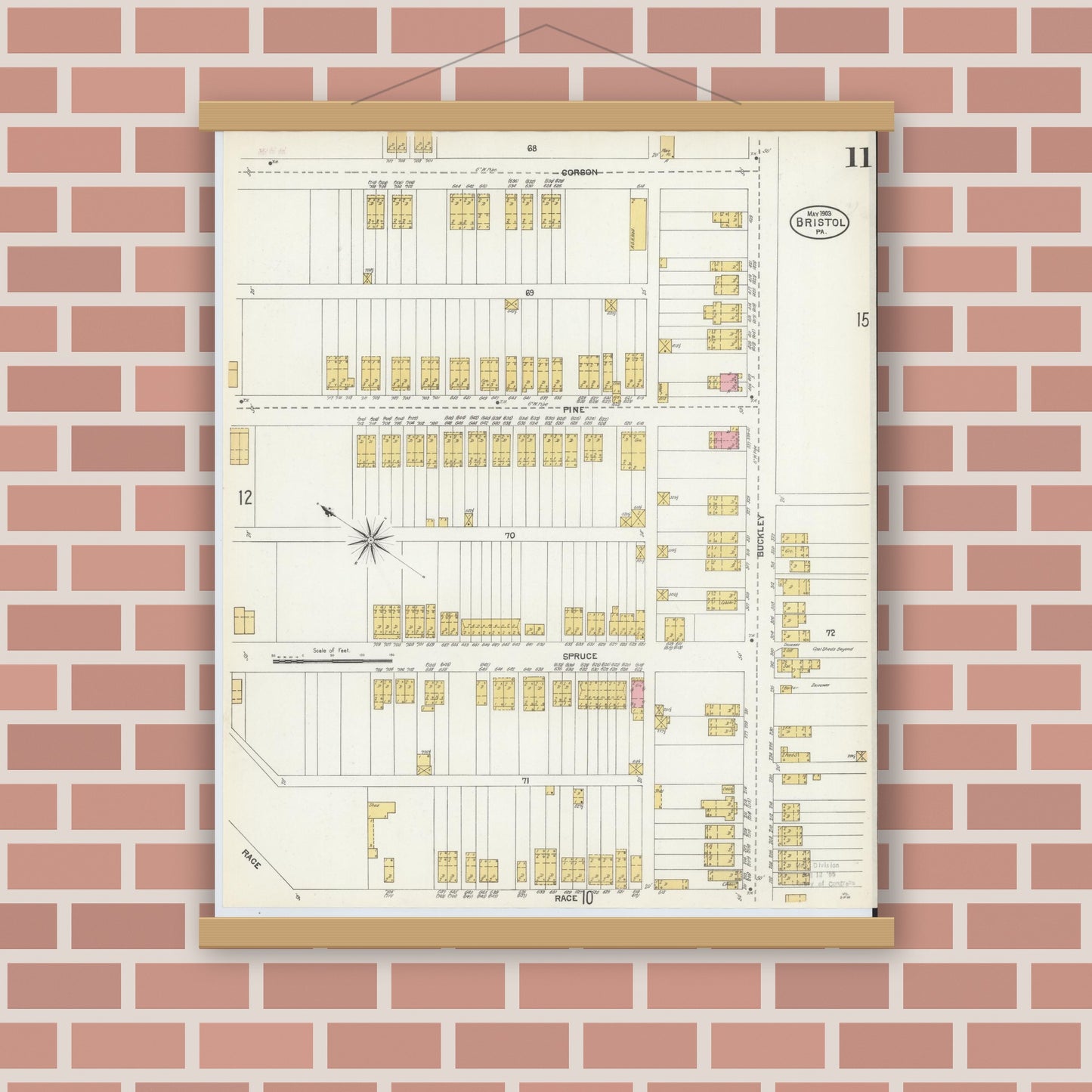 Old map wall art mockup — magnetic wood frame on brick wall — Sanborn Fire Insurance Map from Bristol, Bucks County, Pennsylvania (1903), Sheet #0011