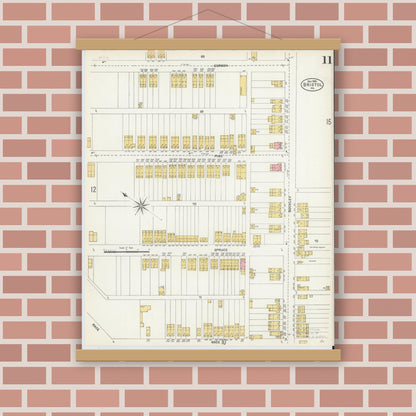 Old map wall art mockup — magnetic wood frame on brick wall — Sanborn Fire Insurance Map from Bristol, Bucks County, Pennsylvania (1903), Sheet #0011
