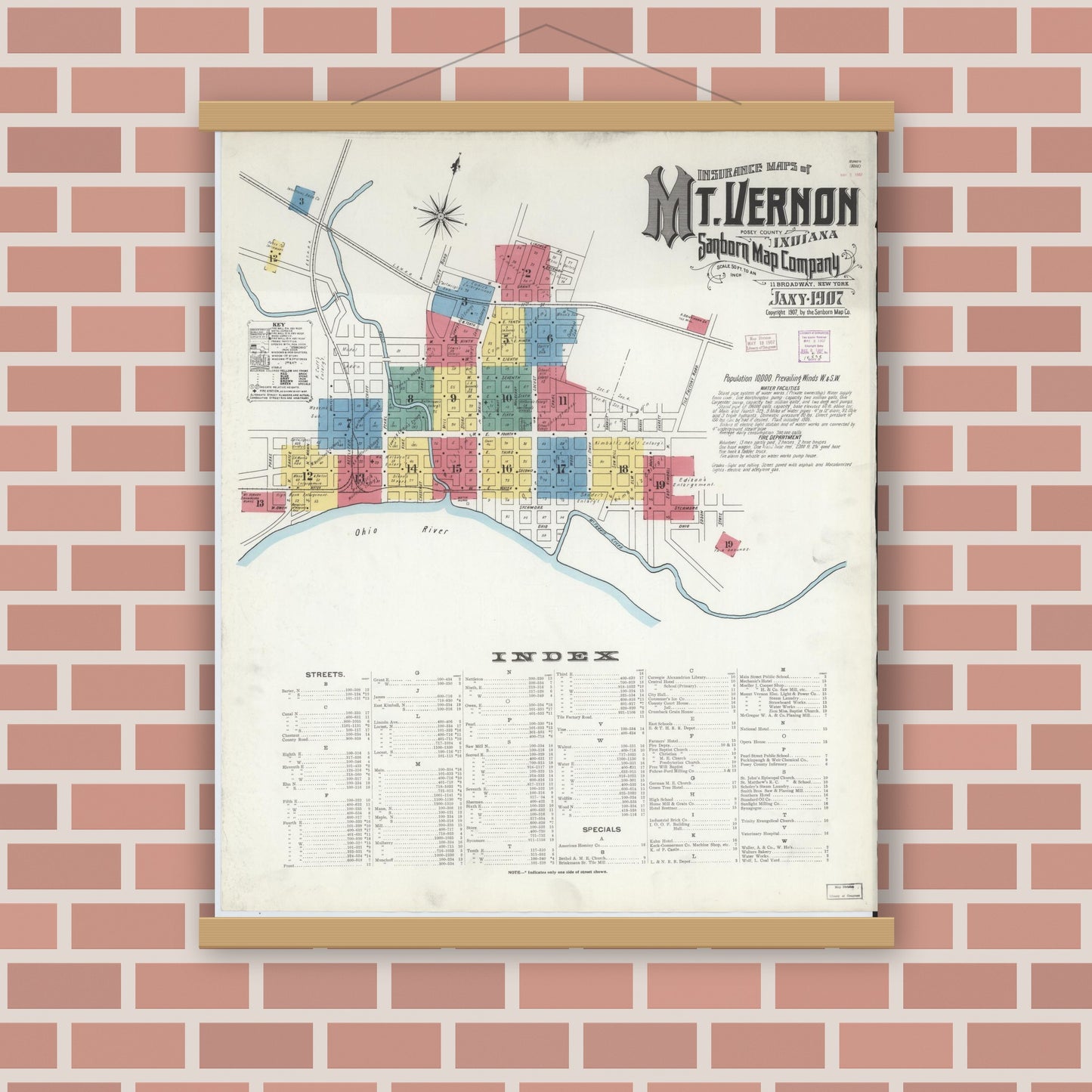 Old map wall art mockup — magnetic wood frame on brick wall — Sanborn Fire Insurance Map from Mount Vernon, Posey County, Indiana (1907) - Complete Map Set