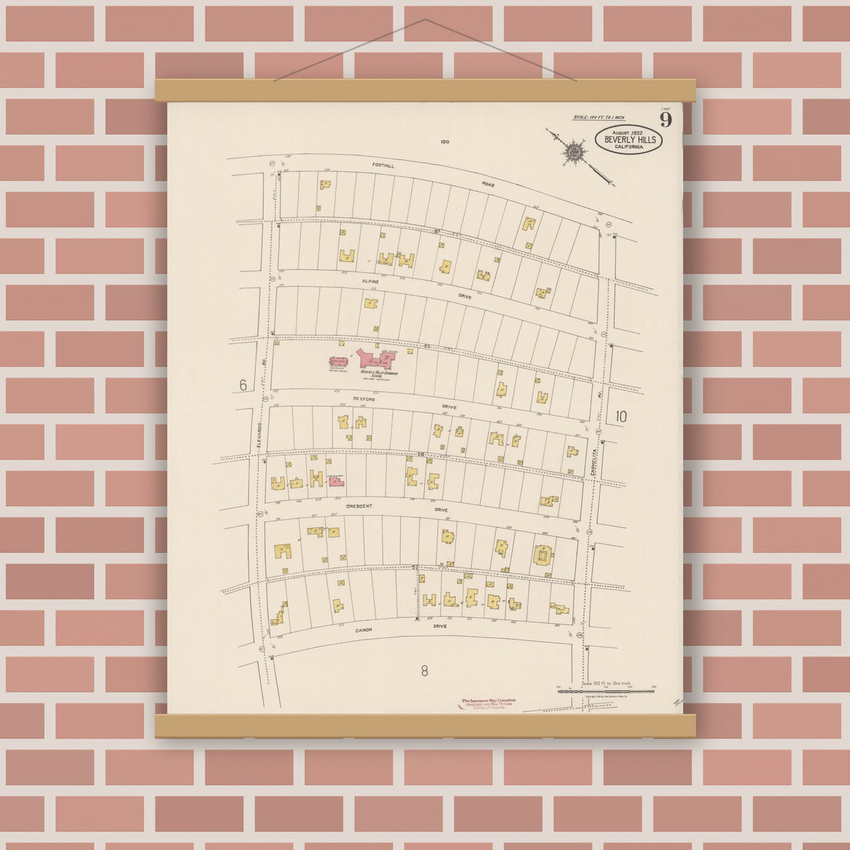 Old map wall art mockup — magnetic wood frame on brick wall — Sanborn Fire Insurance Map from Beverly Hills, Los Angeles County, California (1922), Sheet #0009