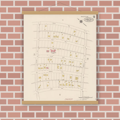 Old map wall art mockup — magnetic wood frame on brick wall — Sanborn Fire Insurance Map from Beverly Hills, Los Angeles County, California (1922), Sheet #0009