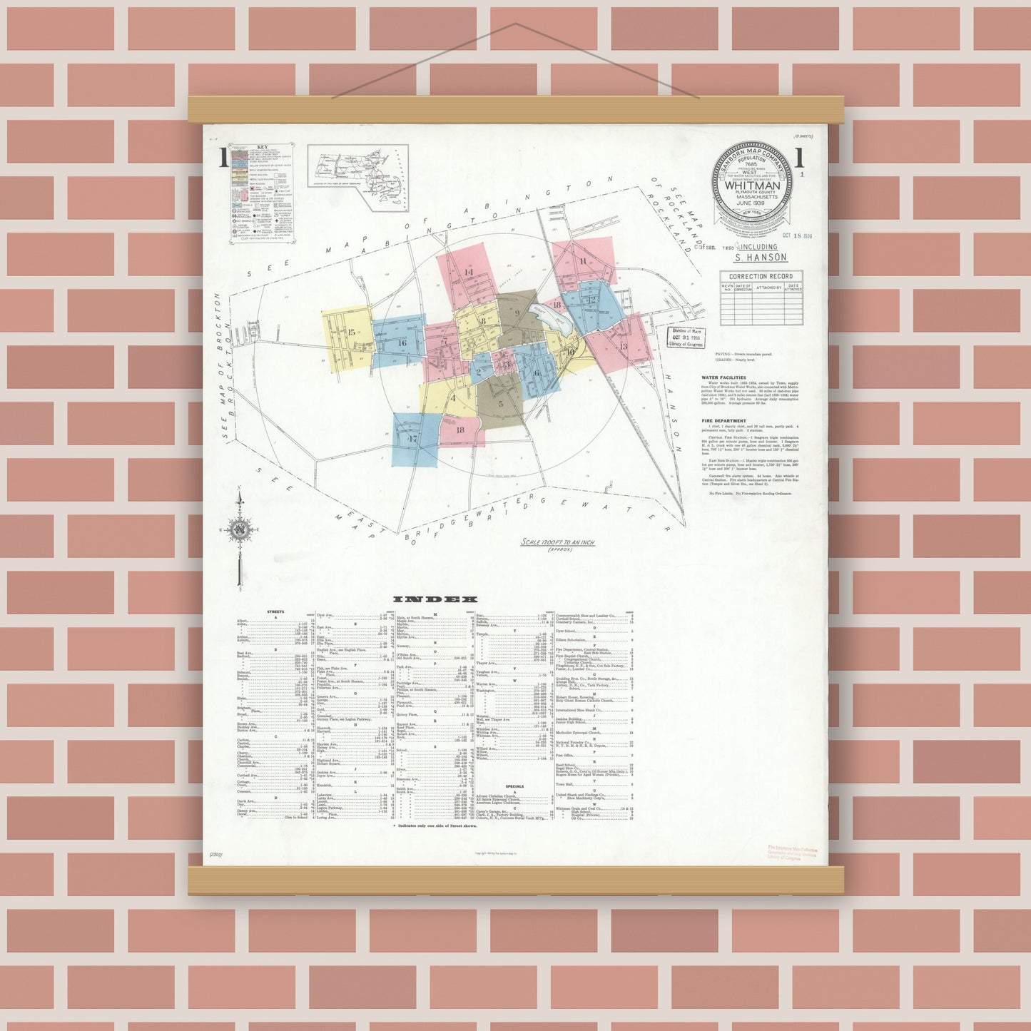 Old map wall art mockup — magnetic wood frame on brick wall — Sanborn Fire Insurance Map from Whitman, Plymouth County, Massachusetts (1939) - Complete Map Set