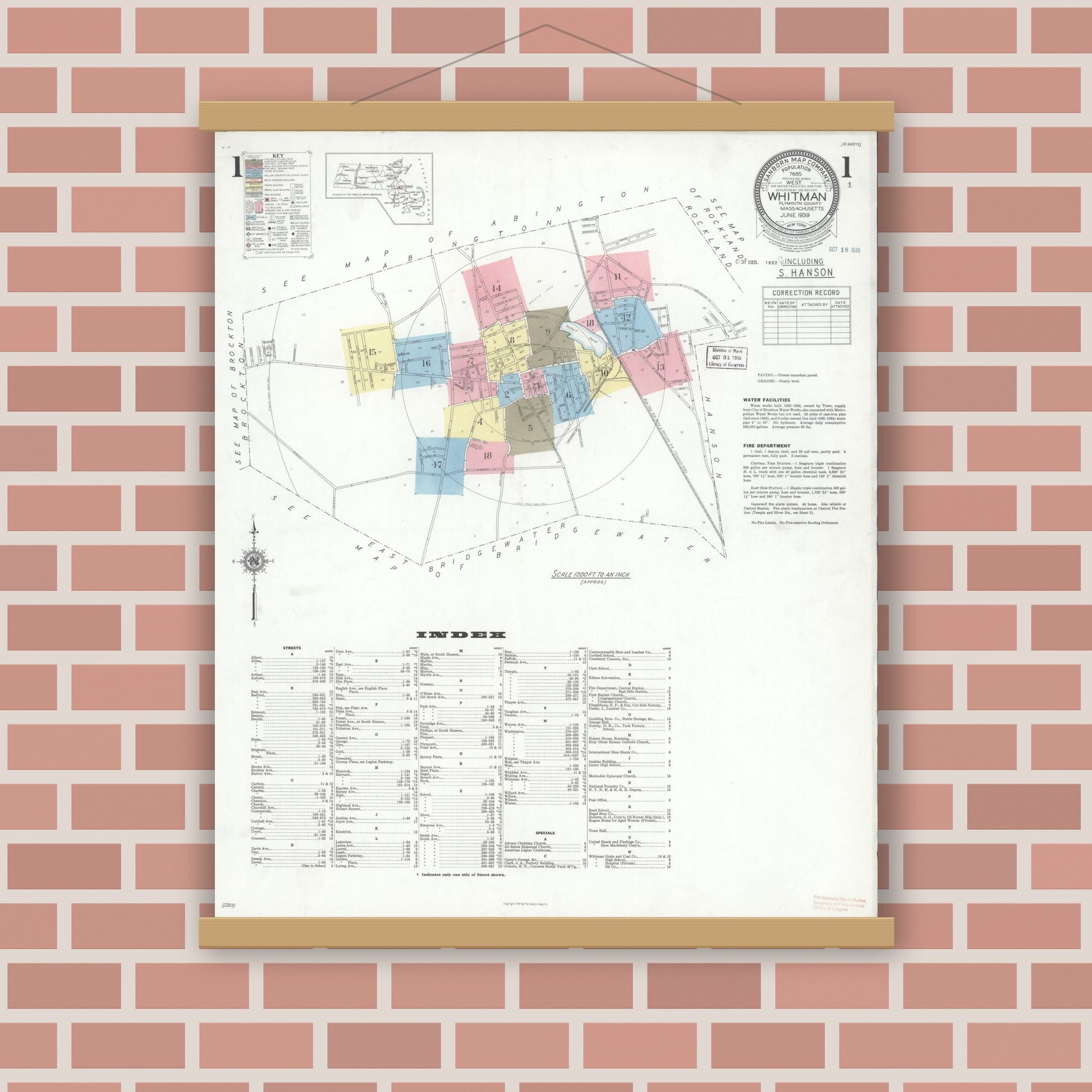 Old map wall art mockup — magnetic wood frame on brick wall — Sanborn Fire Insurance Map from Whitman, Plymouth County, Massachusetts (1939) - Complete Map Set